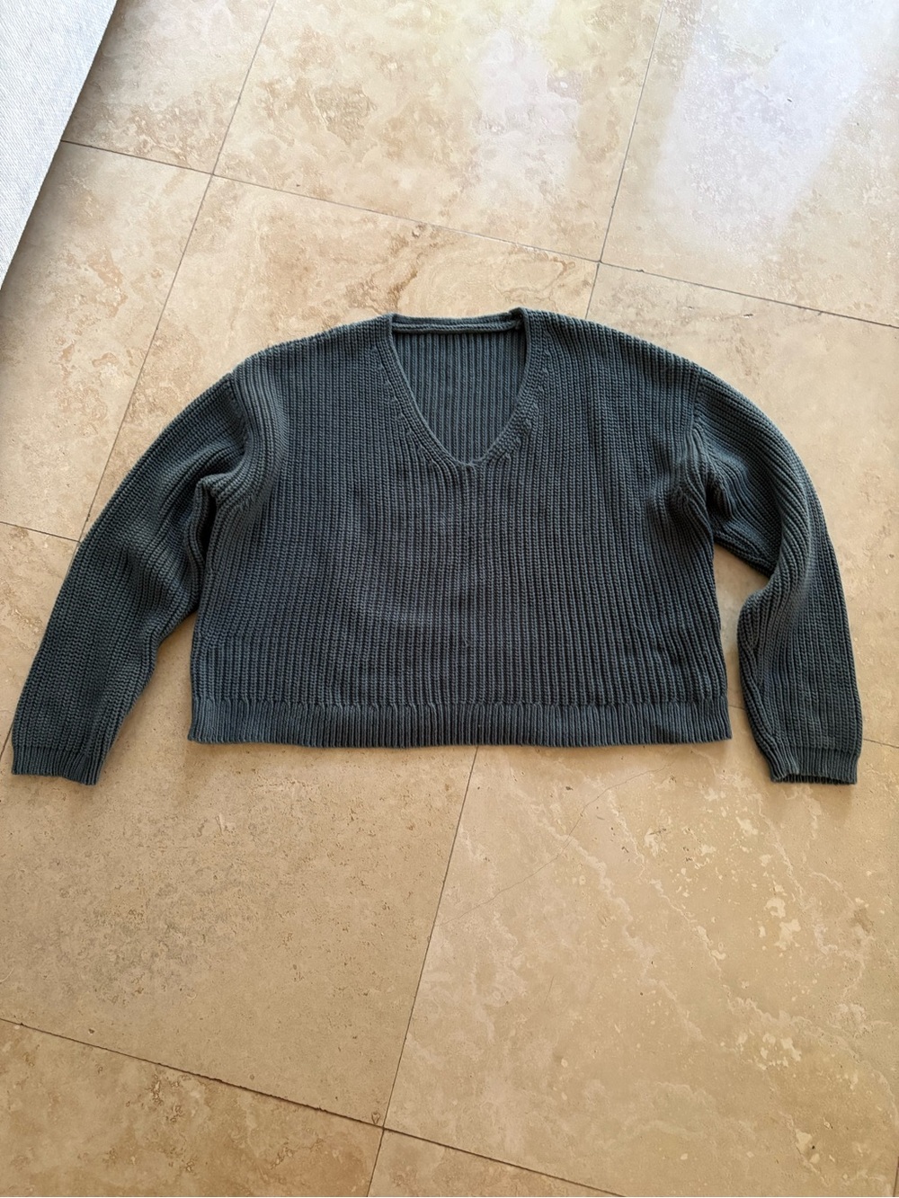 V-Neck Rib Knit Sweater - Gray-Green